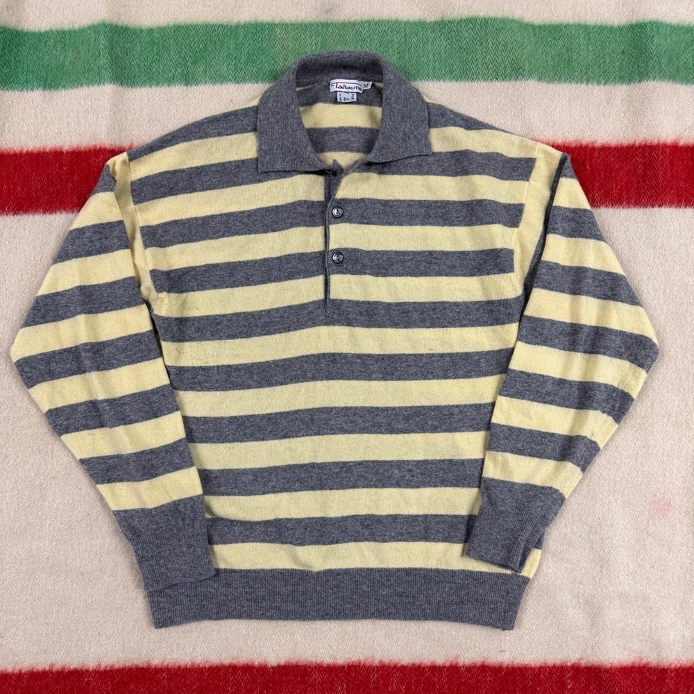Vintage 90s Talbots Cashmere Rugby Sweater XL Yellow Grey Stripe Polo Pilling